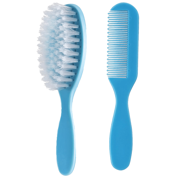 Vega VBGA3-05 Baby & Mom Comb & Brush Set - Blue | Crafted for Delicate Baby Scalp| Detangle Baby Hair Easily | Ultra Soft Nylon Bristle| Rount tippped Tooth |Scalp Massage and Stimulation