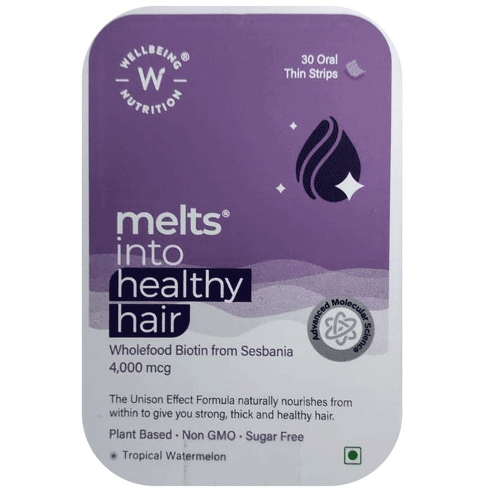 Wellbeing Nutrition Melts into Healthy Hair Wholefood Biotin 4,000mcg Oral Thin Strip Plant Based Tropical Watermelon Sugar Free