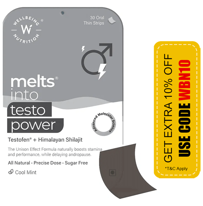 Wellbeing Nutrition Melts into Testo Power with Testofen + Himalayan Shilajit | Sugar Free Oral Thin Strip | Flavour Cool Mint