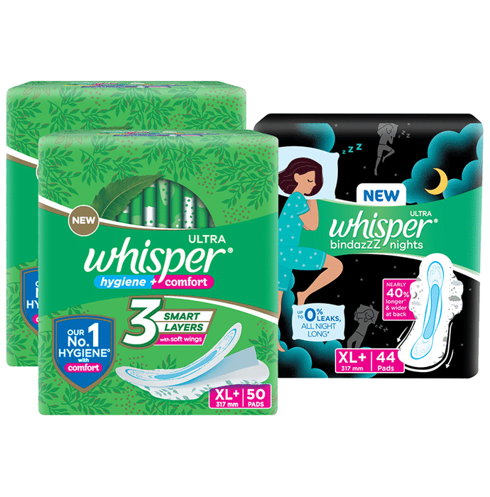 Whisper Ultra Hygiene + Comfort Sanitary Pads XL+ (50 Each) with Whisper Ultra Bindazzz Nights Sanitary Pads XL+ (44 Pads) Free